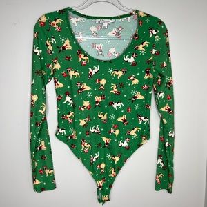 Planet Gold ugly cute Christmas thong bodysuit onesie. Pug/Boston terrier.